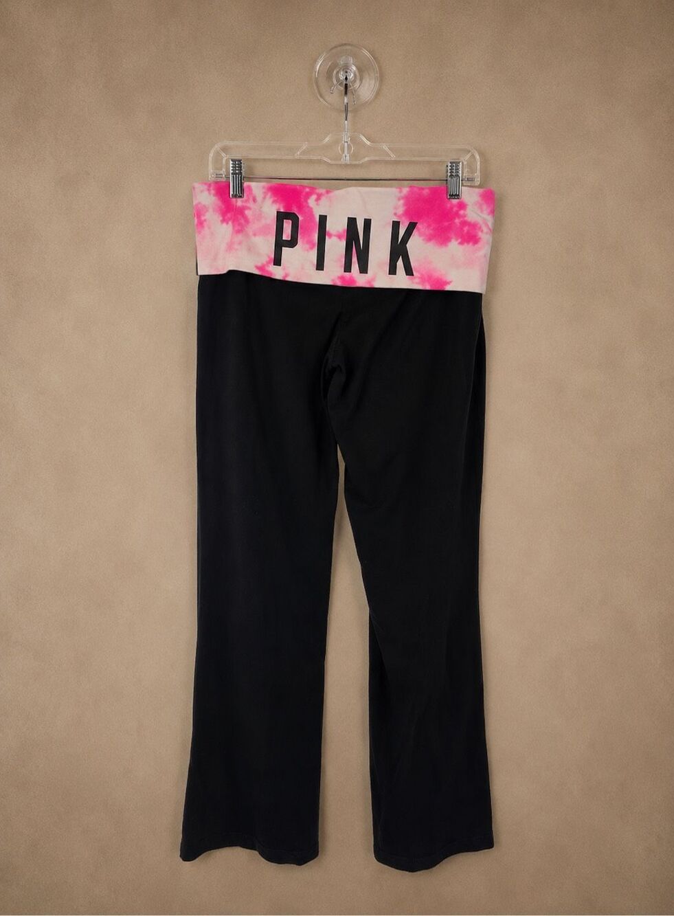 PINK Victoria’s Secret Large Y2K Foldover Bootcut Yoga Pants Black Pink Tie Dye